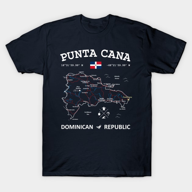 Punta Cana Dominican Republic Travel Map Flag Coordinates Roads Rivers and Oceans T-Shirt by French Salsa